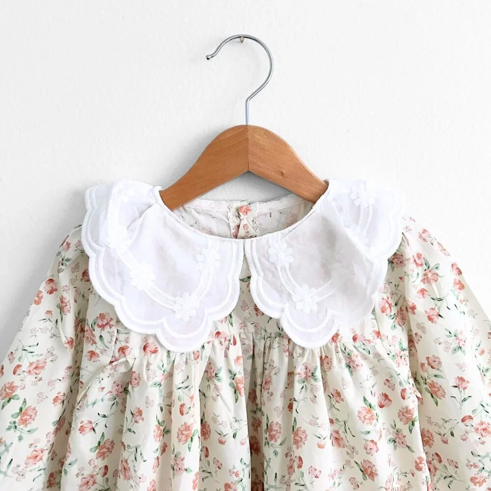 NWT Pretty Girls Embroidered Bib Collar Long Sleeve Dress & Headband Cream 3T